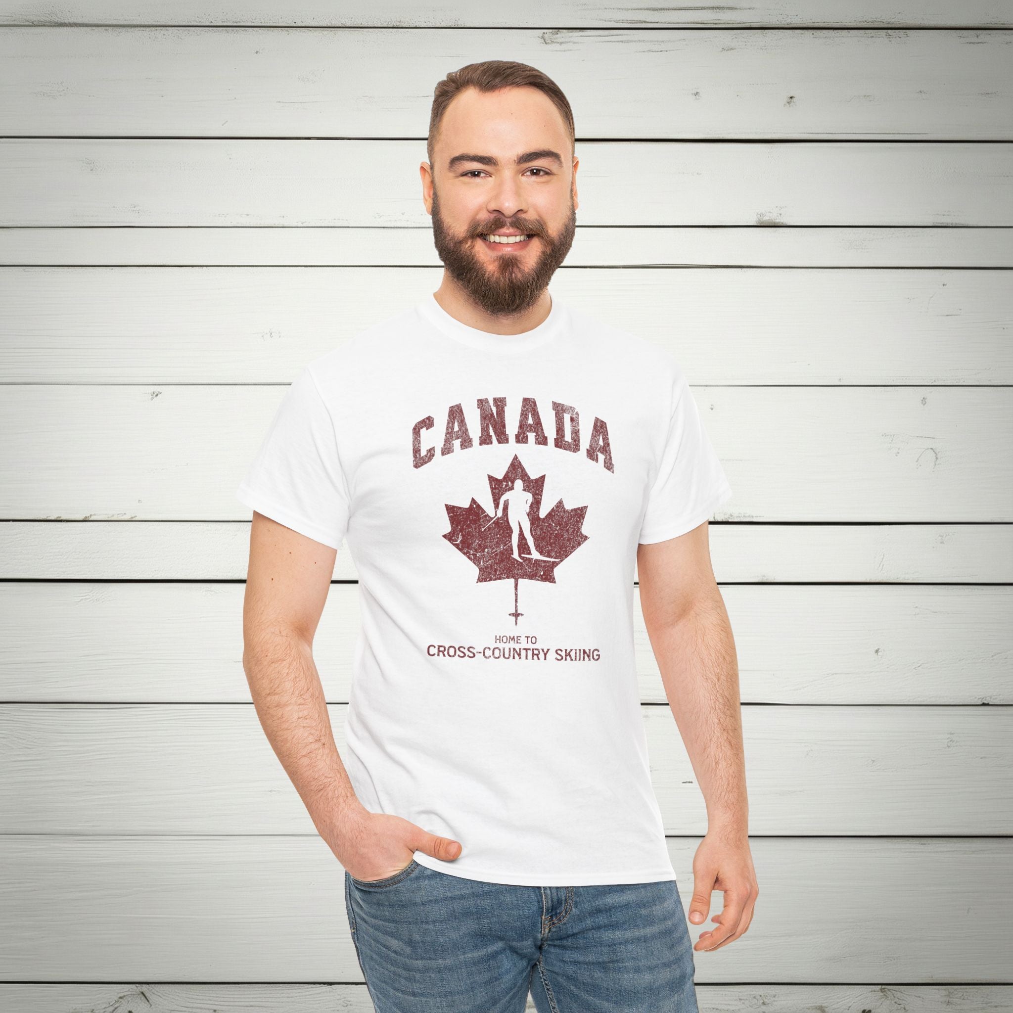 Canada Home To Cross-Country Skiing Vintage Athletic T-Shirt – Burgundy Red Graphic Tee
