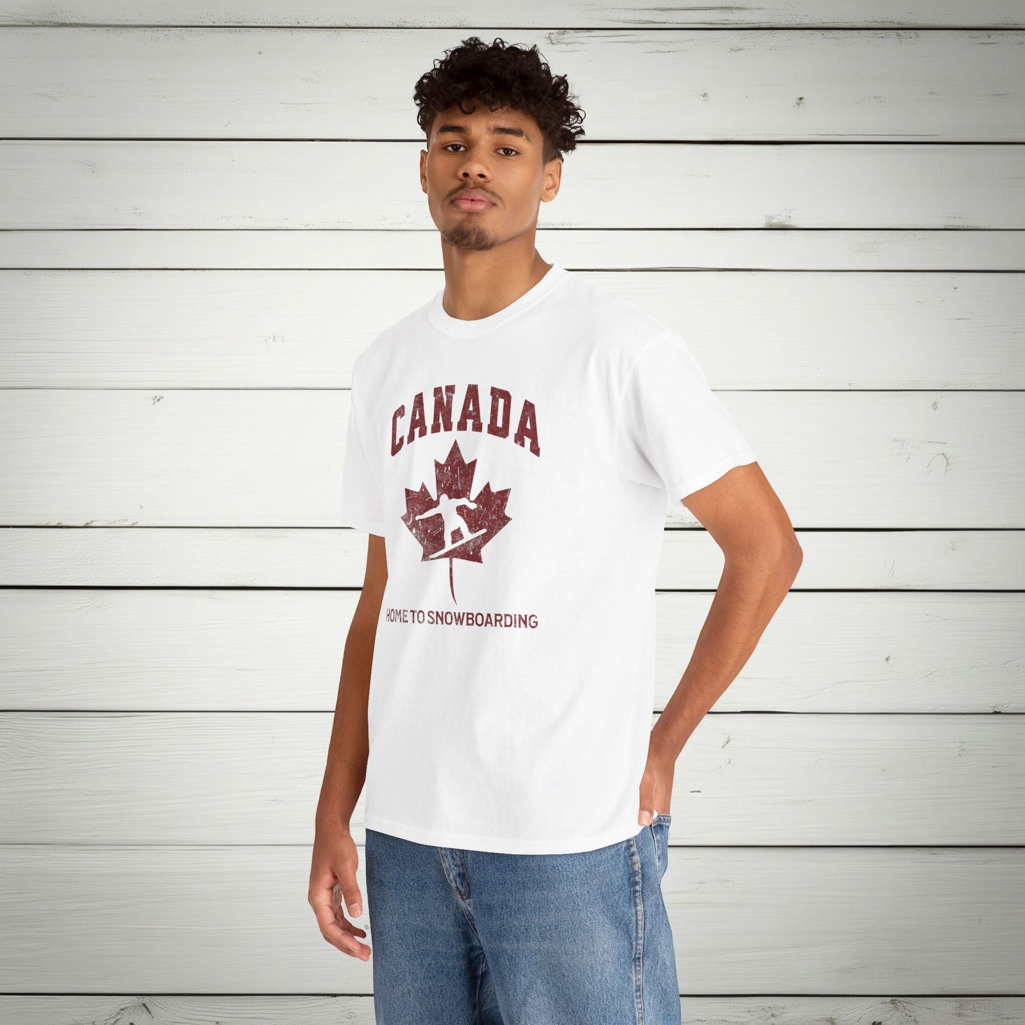 Canada Home to Snowboarding Vintage Maple Leaf T-Shirt – Burgundy Red Graphic