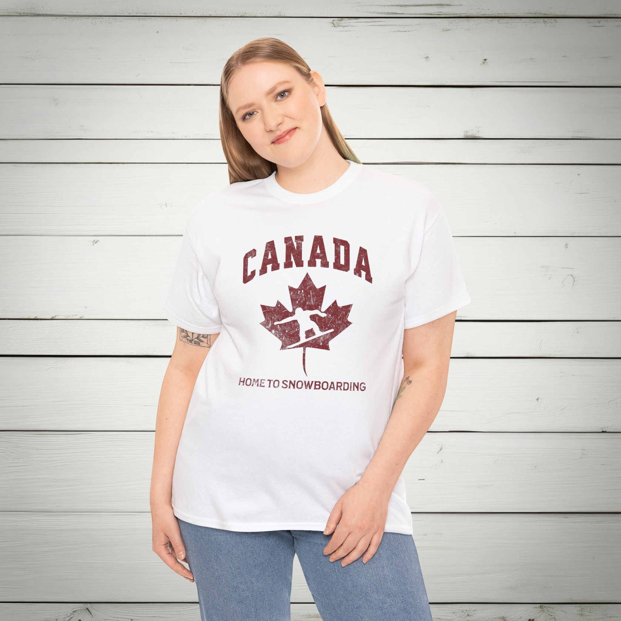 Canada Home to Snowboarding Vintage Maple Leaf T-Shirt – Burgundy Red Graphic